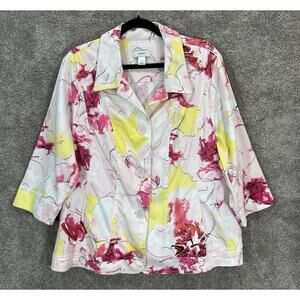 CJ Banks Blazer Womens 2X Yellow Pink Floral Button Up Slit 3/4 Sleeve Jacket